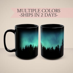 Blue Aurora Borealis Mug Northern Lights Ceramic Coffee Forest Silhouette Design Night Sky Coffee Husband Gift Hiker Idea