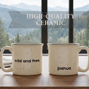 Personalized Camp Mug Ceramic Coffee Cup Custom Name Retro Rustic Cabin Décor Drinkware Gift for Hiker Beige Housewarming Present for Tea