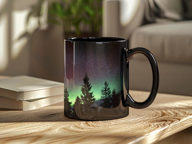 Ceramic Coffee Mug Northern Lights Design Aurora Borealis Artwork Quality Construction Microwave Safe Dishwasher Safe Pine Tree Silhouette Mountain Scene Night Sky Illustration Perfect Nature Gift Outdoor Enthusiast Present Camping