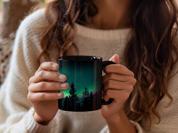Green Northern Lights Mug Aurora Borealis Ceramic Cup Pine Tree Silhouette Design Night Sky Mountain Coffee Camping Gift Nature Lover Starry