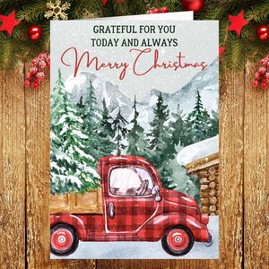 Tarjeta de agradecimiento navideña, regalo de agradecimiento por sentirse agradecido, Camioneta Roja Navideña, imprimible navideño en acuarela, para maestros