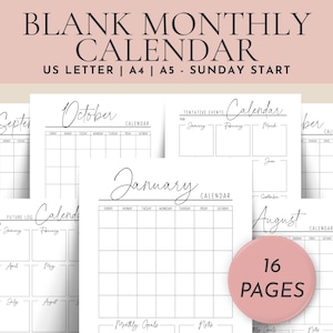 May include: A set of blank monthly calendars in various sizes, including A4 and A5, with a Sunday start. The design is minimalist, with each month's layout visible. A pink circle displays "16 PAGES".