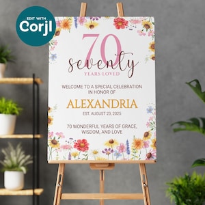 70th Birthday Willkommensschild 70 Jahre geliebt Zeichen Personalisierte Party Dekoration Aquarell Blumen Geburtstag Poster Corjl Custom Sign for Party