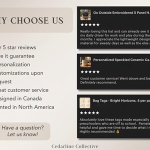 May include: Image features text: "WHY CHOOSE US" followed by a list of benefits including 5-star reviews, personalization, and great customer service. Also includes customer reviews for hats, ceramic items, and bag tags. The brand name "Cedarline Collective" is also visible.