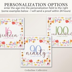 May include: Three square floral art prints with the numbers 16, 90, and 100 in the center, surrounded by a wreath of colorful flowers. The text "sixteen years loved", "ninety years loved", and "one hundred years loved" are below the numbers. The top of the image reads "PERSONALIZATION OPTIONS".