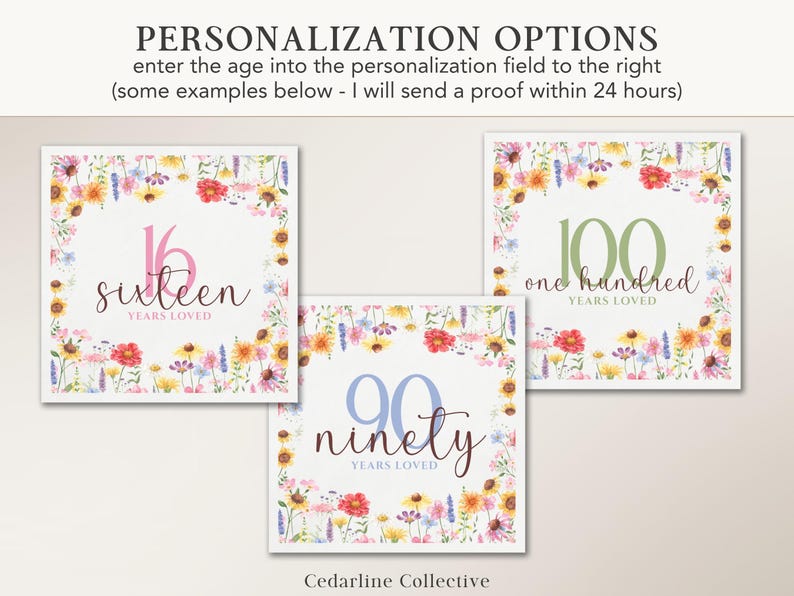 May include: Three square floral art prints with the numbers 16, 90, and 100 in the center, surrounded by a wreath of colorful flowers. The text "sixteen years loved", "ninety years loved", and "one hundred years loved" are below the numbers. The top of the image reads "PERSONALIZATION OPTIONS".