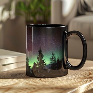 Purple Northern Lights Ceramic Coffee Cup Aurora Borealis Mug Evergreen Tree Design Celestial Star Girlfriend Gift Outdoor Lover Purple Sky