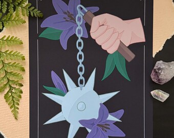 Flail with Lilies | Medieval Weaponry 5x7" Art Print | Fantasy Illustrations
