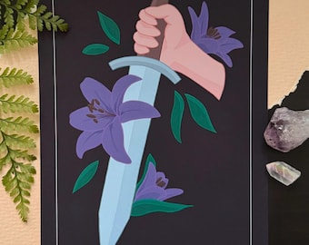 Shortsword with Lilies | Medieval Weaponry 5x7" Art Print | Fantasy Illustrations