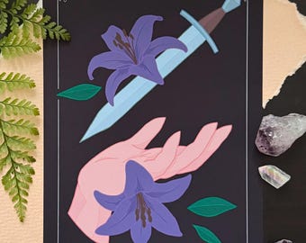 Magic Blade with Lilies | Medieval Weaponry 5x7" Art Print | Fantasy Illustrations