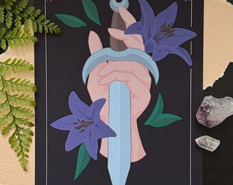 Ritual Dagger with Lilies | Medieval Weaponry 5x7" Art Print | Fantasy Illustrations