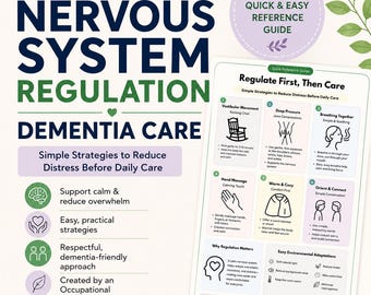 May include: A digital reference guide titled Nervous System Regulation Dementia Care, featuring six illustrated strategies for reducing distress. The document includes sections on vestibular movement, deep pressure, breathing, massage, warmth, and connection.