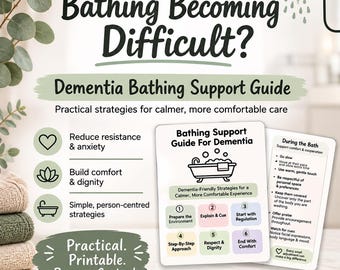 May include: A printable dementia bathing support guide featuring text and icons. The document includes sections titled Bathing Becoming Difficult, Dementia Bathing Support Guide, and During the Bath, with step-by-step strategies for caregiver assistance.