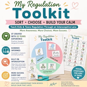 Op de afbeelding: Een My Regulation Toolkit educatieve set met een cirkelvormig diagram verdeeld in drie secties met de labels Wake Me Up, Slow Me Down en Help Me Focus, inclusief activiteitenkaarten, een referentieblad en een blauwgroene schaar.