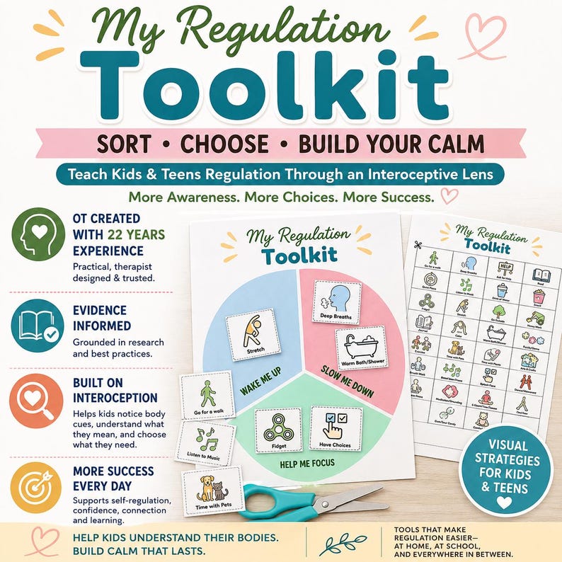 Op de afbeelding: Een My Regulation Toolkit educatieve set met een cirkelvormig diagram verdeeld in drie secties met de labels Wake Me Up, Slow Me Down en Help Me Focus, inclusief activiteitenkaarten, een referentieblad en een blauwgroene schaar.