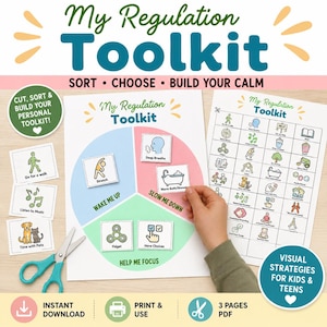 Op de afbeelding: Een printbare My Regulation Toolkit-set met een cirkeldiagram met secties gelabeld Wake Me Up, Slow Me Down en Help Me Focus. Bevat uitknipbare activiteitenkaarten met illustraties en een schaar.