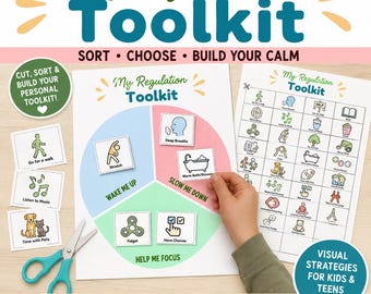 May include: A My Regulation Toolkit printable set featuring a pie chart with sections labeled Wake Me Up, Slow Me Down, and Help Me Focus. Includes cut-out activity cards with illustrations like deep breaths, stretching, and fidgets, plus scissors.