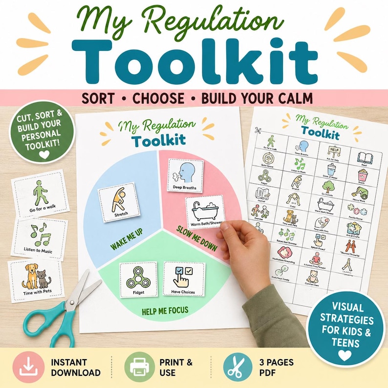 Op de afbeelding: Een printbare My Regulation Toolkit-set met een cirkeldiagram met secties gelabeld Wake Me Up, Slow Me Down en Help Me Focus. Bevat uitknipbare activiteitenkaarten met illustraties en een schaar.