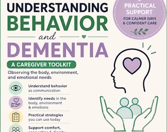 May include: A square educational infographic titled Understanding Behavior and Dementia: A Caregiver Toolkit. It features a profile silhouette with a heart, hands holding figures, and text outlining strategies for observing needs and providing support.