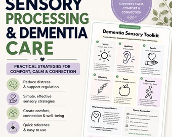 May include: A white informational guide titled Dementia Sensory Toolkit featuring six numbered sections for visual, auditory, tactile, olfactory, taste, and movement strategies. The document includes icons, bulleted text, and tips for caregivers.