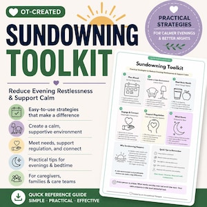 Könnte beinhalten: Ein Sundowning Toolkit Kurzanleitung mit praktischen Strategien zur Verringerung von Unruhe am Abend. Das Dokument enthält Abschnitte zur Planung, zur Schaffung einer ruhigen Umgebung, zur Bedarfsdeckung und zur Entspannung.