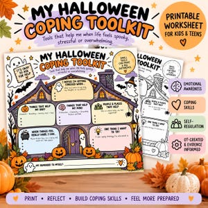 May include: A printable Halloween coping toolkit worksheet for kids and teens featuring a haunted house illustration with sections for emotional awareness, coping skills, and self-regulation, including text prompts and ghost graphics.