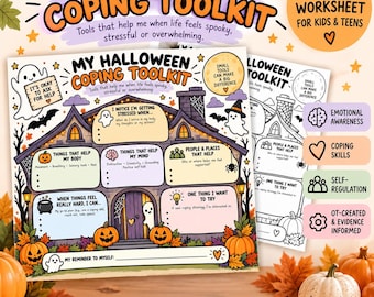 Op de afbeelding: Een printbaar Halloween-werkblad voor kinderen en tieners met een illustratie van een spookhuis, voorzien van secties voor emotioneel bewustzijn, copingvaardigheden en zelfregulatie, inclusief tekst en spookjes.