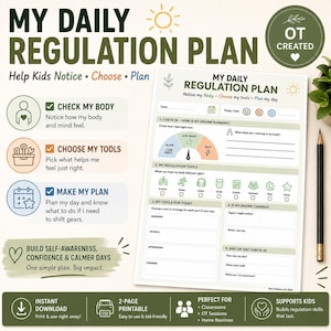 May include: A My Daily Regulation Plan printable worksheet featuring sections for body check-ins, tool selection, and daily planning. The document includes a gauge graphic, icons for various activities, and blank fields for writing, accompanied by a black pencil.
