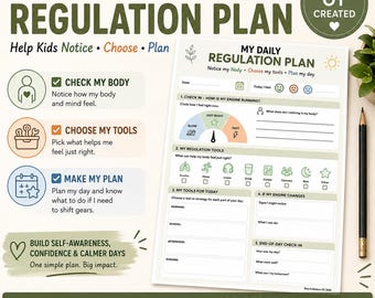 May include: A My Daily Regulation Plan printable worksheet featuring sections for body check-ins, tool selection, and daily planning. The document includes a gauge graphic, icons for various activities, and blank fields for writing, accompanied by a black pencil.