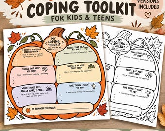 Op de afbeelding: Een Fall Coping Toolkit werkbladset voor kinderen en tieners met een pompoenvormige afbeelding verdeeld in secties voor stress, lichaamsgevoelens, helpende mensen en copingstrategieën, inclusief een gekleurde en een zwart-wit versie.
