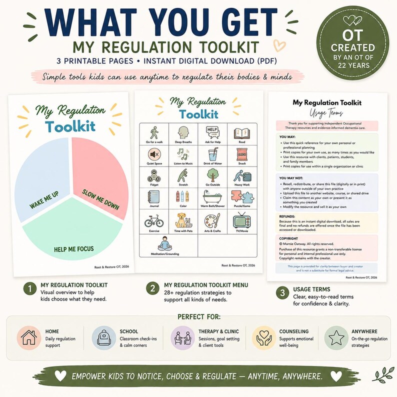 Op de afbeelding: Een digitale download getiteld My Regulation Toolkit bestaande uit drie printbare pagina's. De pagina's bevatten een cirkelvormig strategiediagram, een raster met achtentwintig ge&iuml;llustreerde activiteiten en een document met gebruiksvoorwaarden.