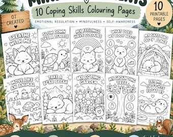 May include: A set of 10 printable coloring pages titled Mindful Moments, featuring black and white line art illustrations of animals and nature scenes with text prompts like Breathe With Me, Slow Down Like A Turtle, and My Grounding Tree.