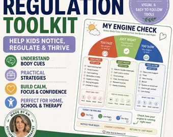Op de afbeelding: Een printbare My Engine Check Regulation Toolkit kaart met een kleurgecodeerde meter met Too Fast, Just Right en Too Slow secties. Het bevat lijsten met lichaamskenmerken en strategieën, een stemmingsmeter en tekst over het reguleren van emoties.