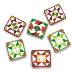 May include: Six square-shaped buttons with a patchwork design. The buttons are red, green, white, and yellow.