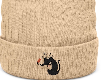 Banksy Painter Rat Embroidered Beanie | Ribbed Knit