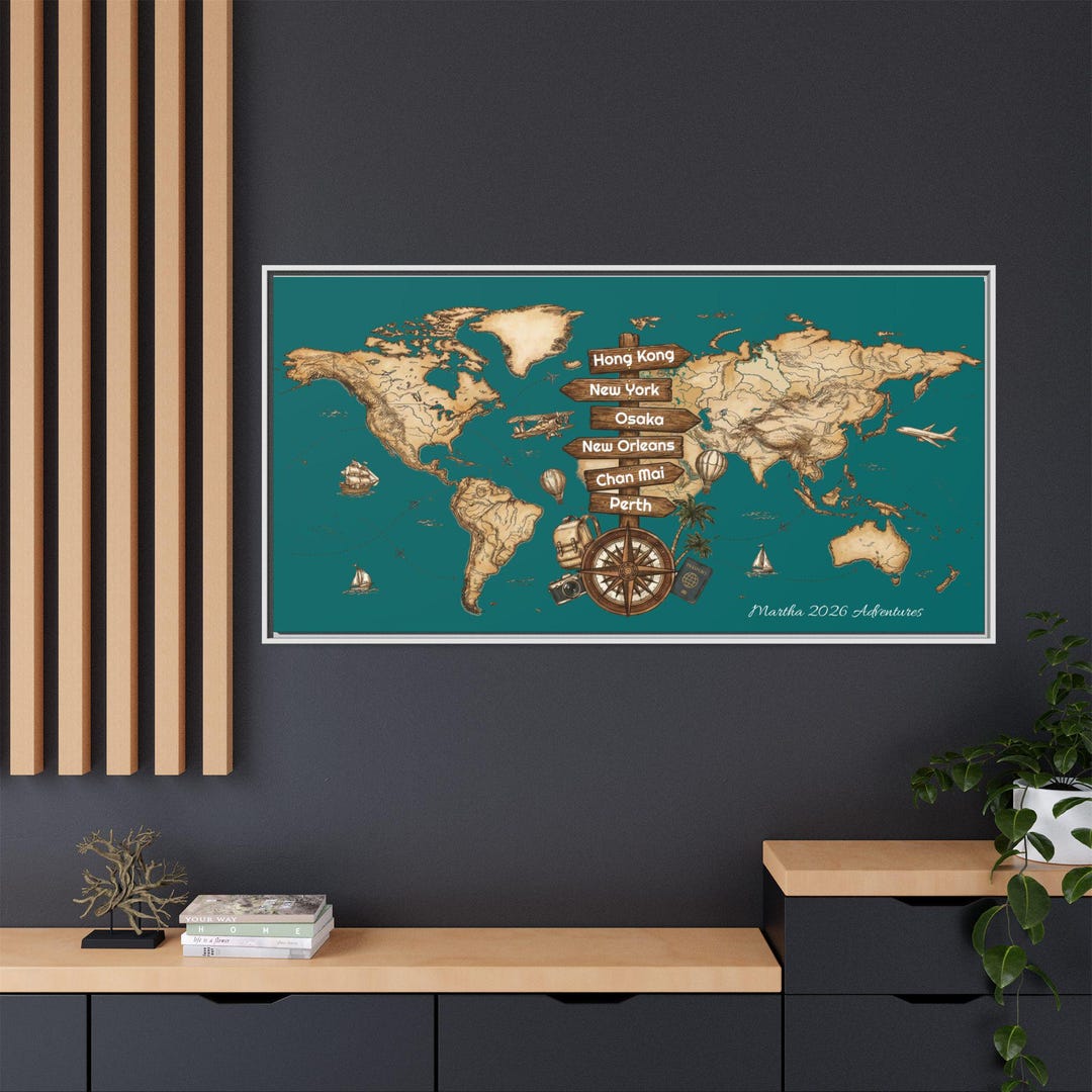 Custom Destination World Map Matte Canvas Framed | Personalized Travel ...