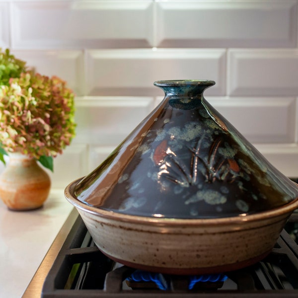 Handmade, Clay, Tagine in Midnight Garden for Stovetop