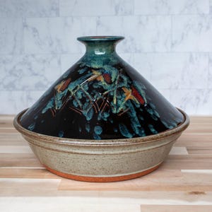 Handmade, Clay, Tagine in Midnight Garden for Stovetop
