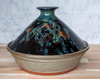 Handmade, Clay, Tagine in Midnight Garden for Stovetop