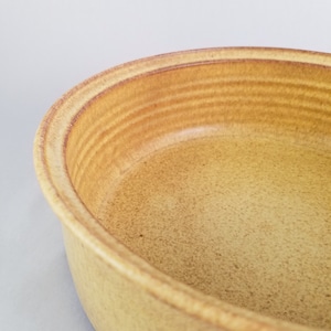 May include: A yellow ceramic bowl with a textured surface and a slightly raised rim. The bowl has a simple, elegant design.