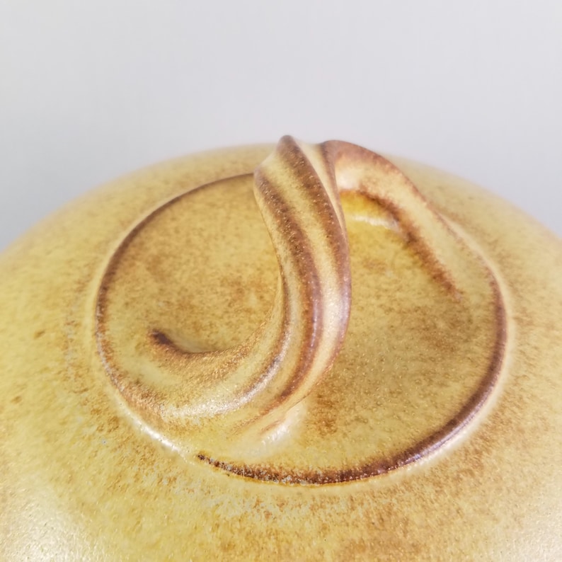 May include: A yellow ceramic lid with a brown swirl handle. The lid has a textured surface.