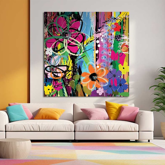 Tableau Abstrait Fleurs Sur Toile 80x160 Cm - Impression Couleur Vive, Résistant UV - Décoration Murale Salon Sans Cadre - 4