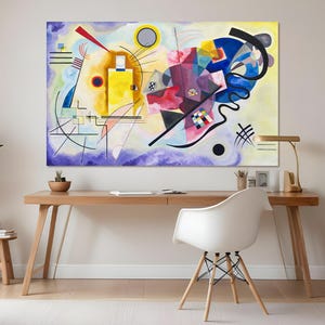 Peut inclure: Peinture abstraite avec des formes géométriques et des lignes dans des tons de bleu, jaune, rouge, rose et noir sur un fond blanc.