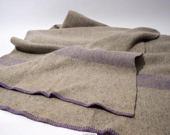 Vintage Wool Camp Throw Beacon Style Natural with Purple Stripe Mid-Century 64x68 Cabin Camping Blanket