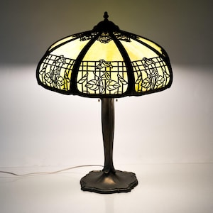 1920s Empire Art Nouveau Morning Glory Trellis Slag Glass Table Lamp
