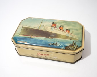 Lata de caramelos ingleses de RMS Queen Mary Benson's de época - Artículo de colección de Cadena Perpetua