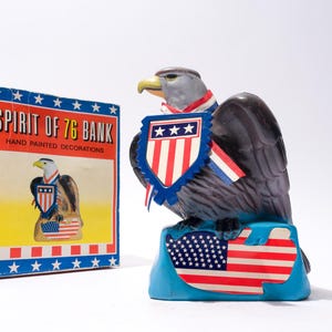 Banco de águila calva, vintage, Spirit of 76 Bank, pintado a mano, década de 1970
