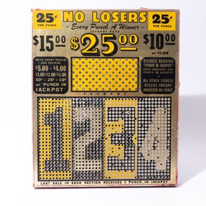 No Losers, juego de cartas perforadas vintage, 25 centavos, arte mural, publicidad, década de 1970