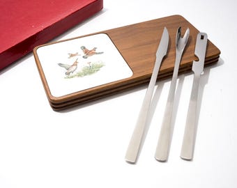 Vintage Cheese Board with Pheasant Graphics and Utensils