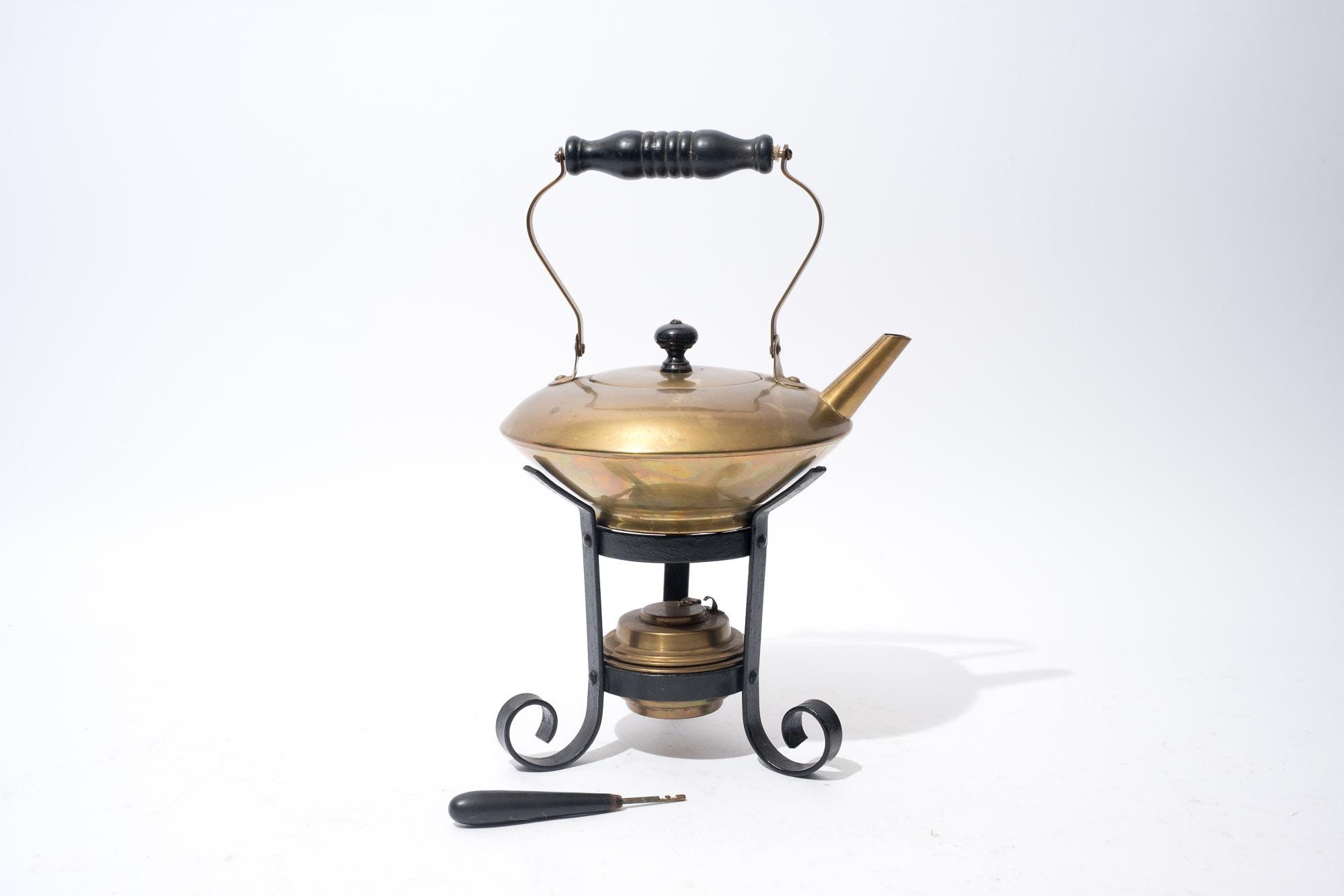 アンティーク真鍮製スピリットケトル、ティーポット、スタンドと